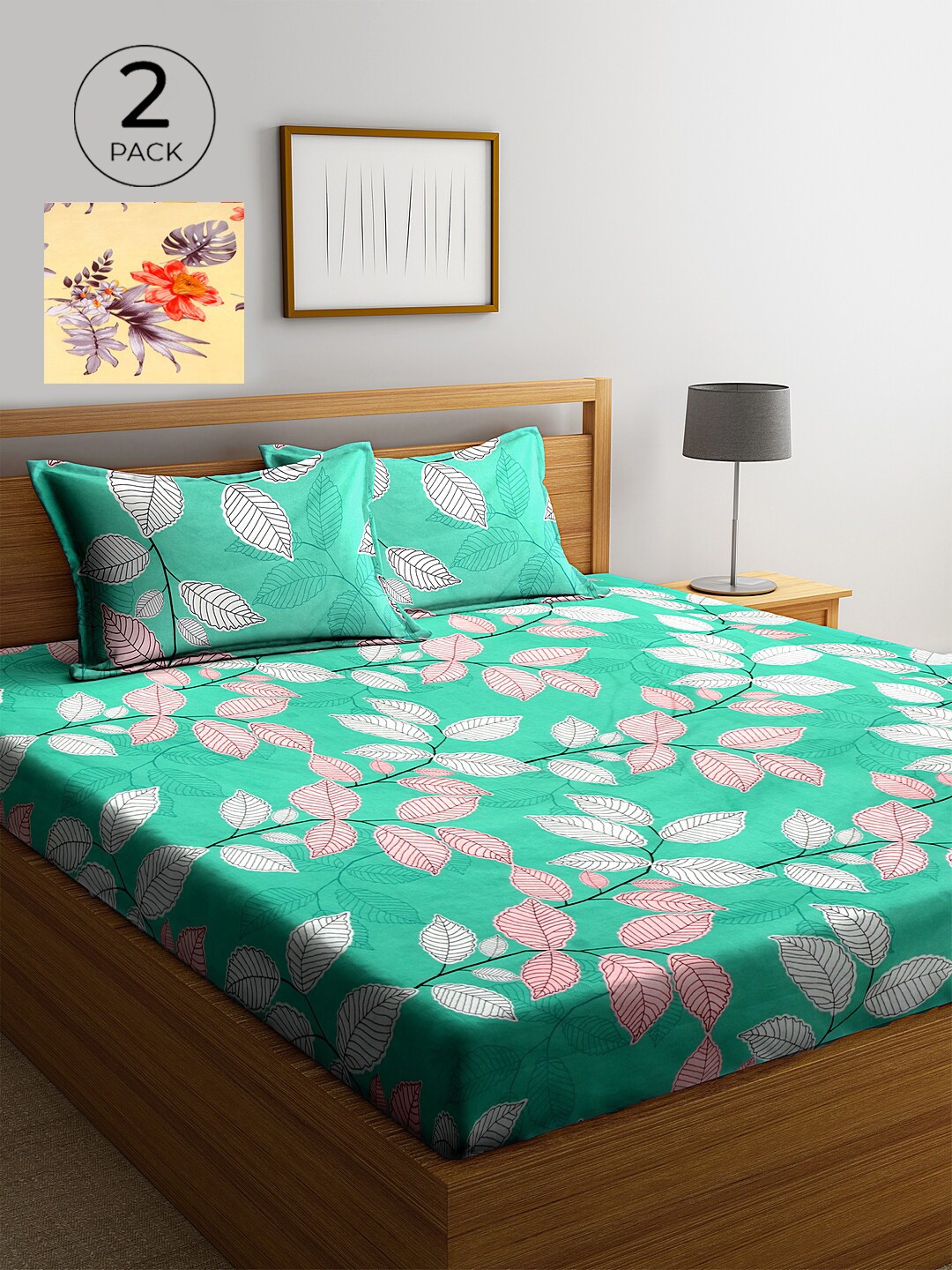 

KLOTTHE Green & Yellow Floral 210 TC 2 King Bedsheet with 4 Pillow Covers