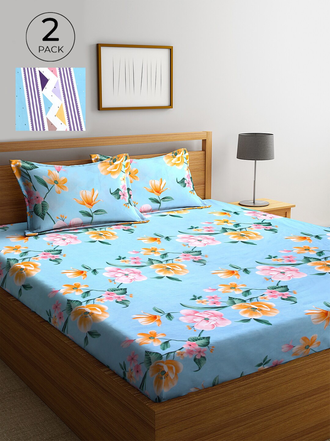 

KLOTTHE Blue & Pink Floral 210 TC 2 King Bedsheet with 4 Pillow Covers