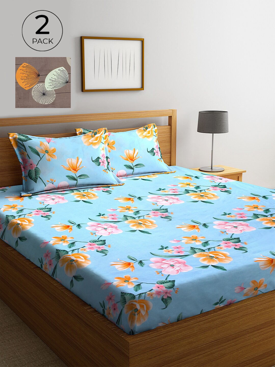 

KLOTTHE Blue & Brown Floral 210 TC 2 King Bedsheet with 4 Pillow Covers