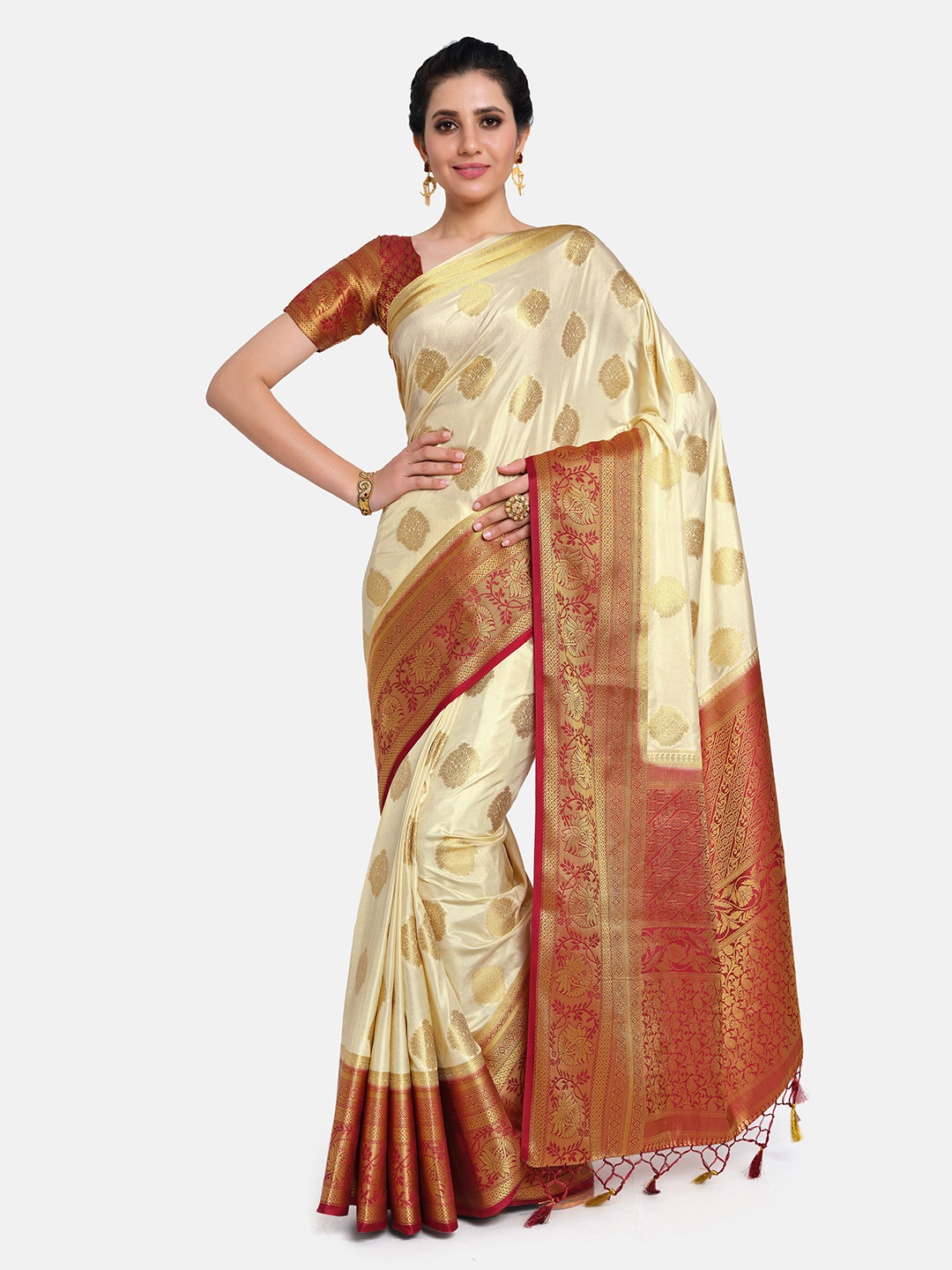 

MIMOSA Beige & Red Ethnic Motifs Zari Art Silk Kanjeevaram Saree