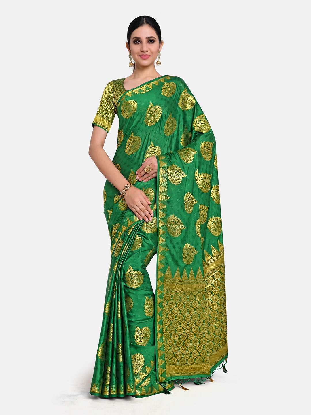 

MIMOSA Green & Gold-Toned Floral Mysore Silk Saree
