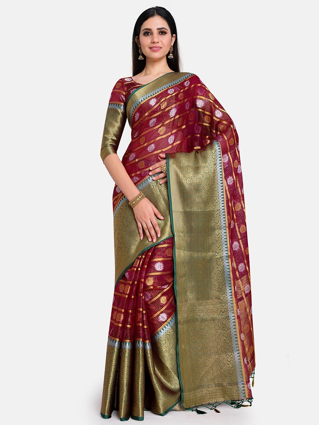 

MIMOSA Maroon & Green Woven Design Organza Banarasi Saree
