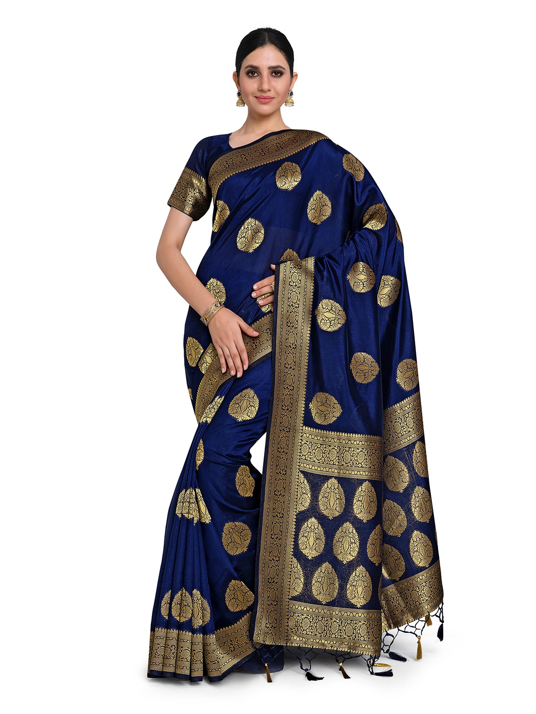 

MIMOSA Navy Blue Ethnic Motifs Zari Art Silk Kanjeevaram Saree