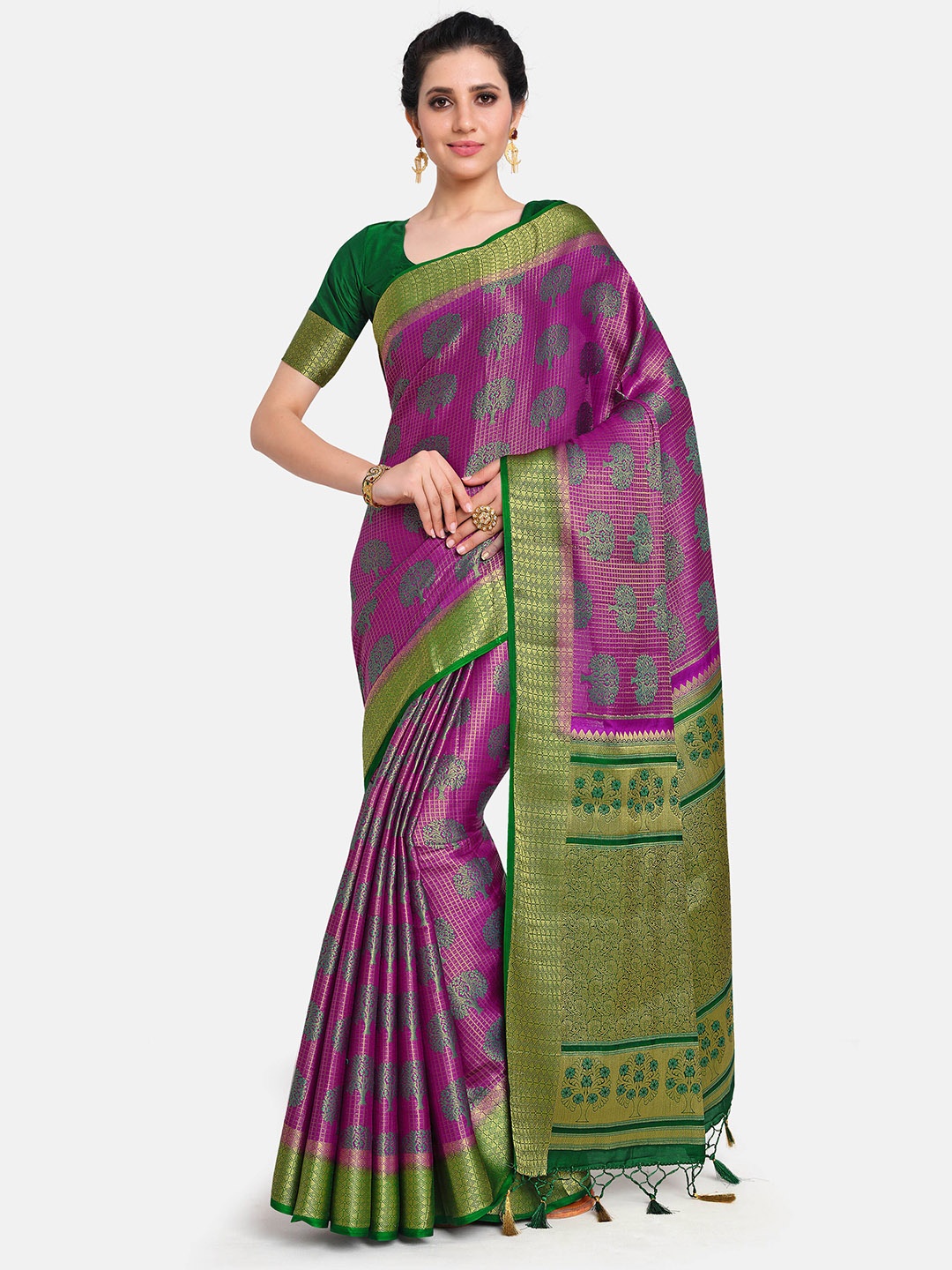 

MIMOSA Purple & Green Ethnic Motifs Zari Art Silk Kanjeevaram Saree