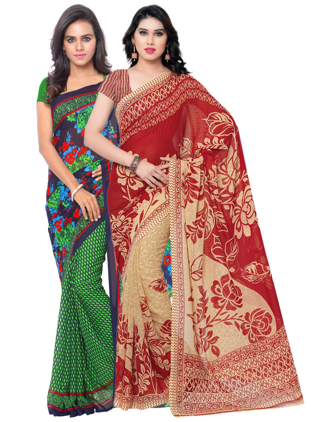 

KALINI Pack of 2 Green & Red Ethnic Motifs Poly Georgette Saree