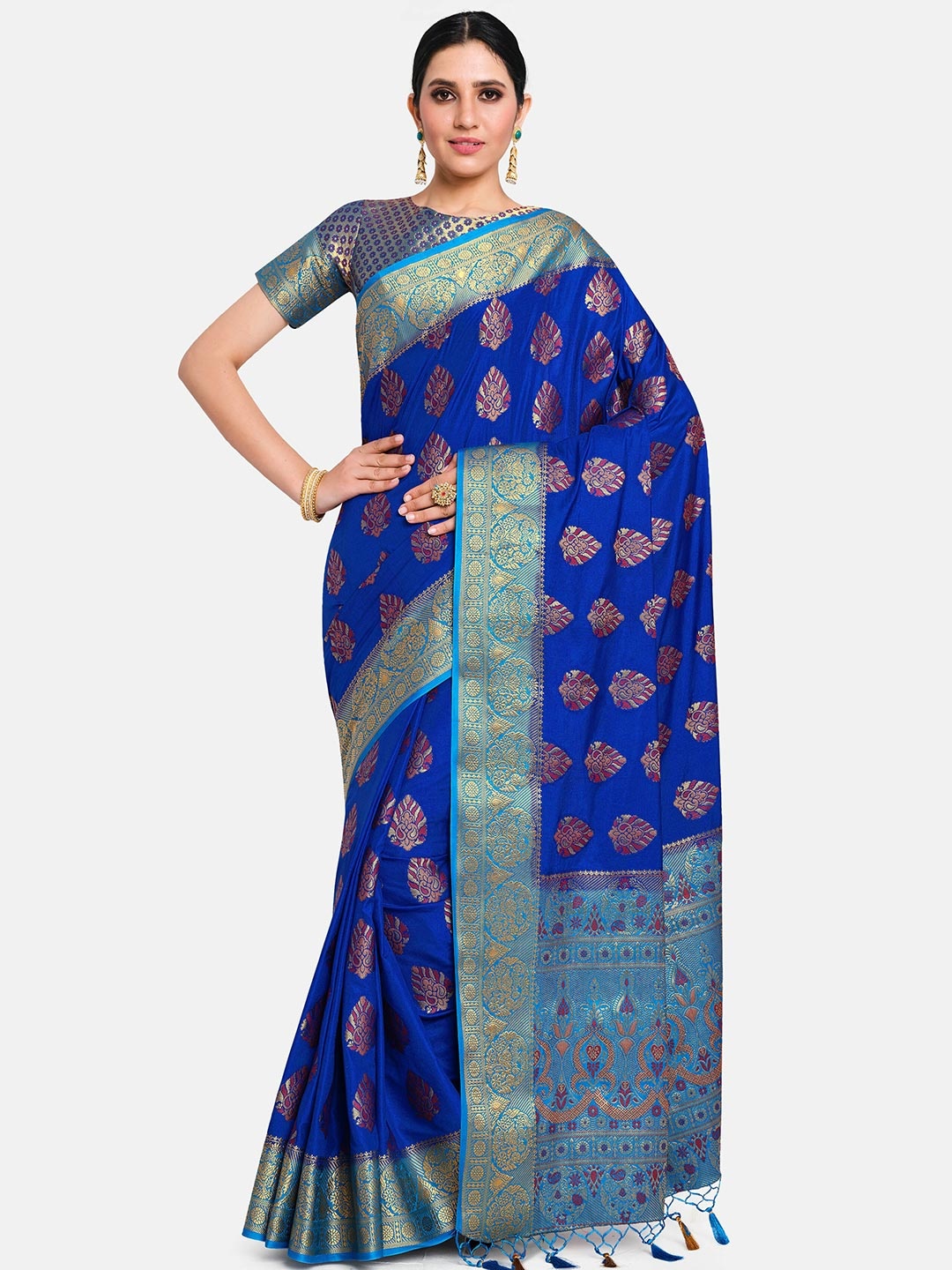 

MIMOSA Blue & Gold-Toned Woven Design Zari Art Silk Kanjeevaram Saree