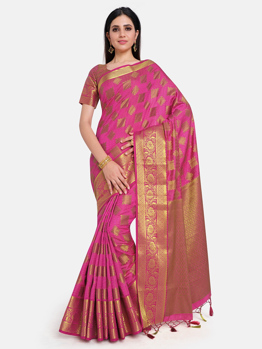 

MIMOSA Pink & Gold-Toned Woven Design Zari Art Silk Kanjeevaram Saree