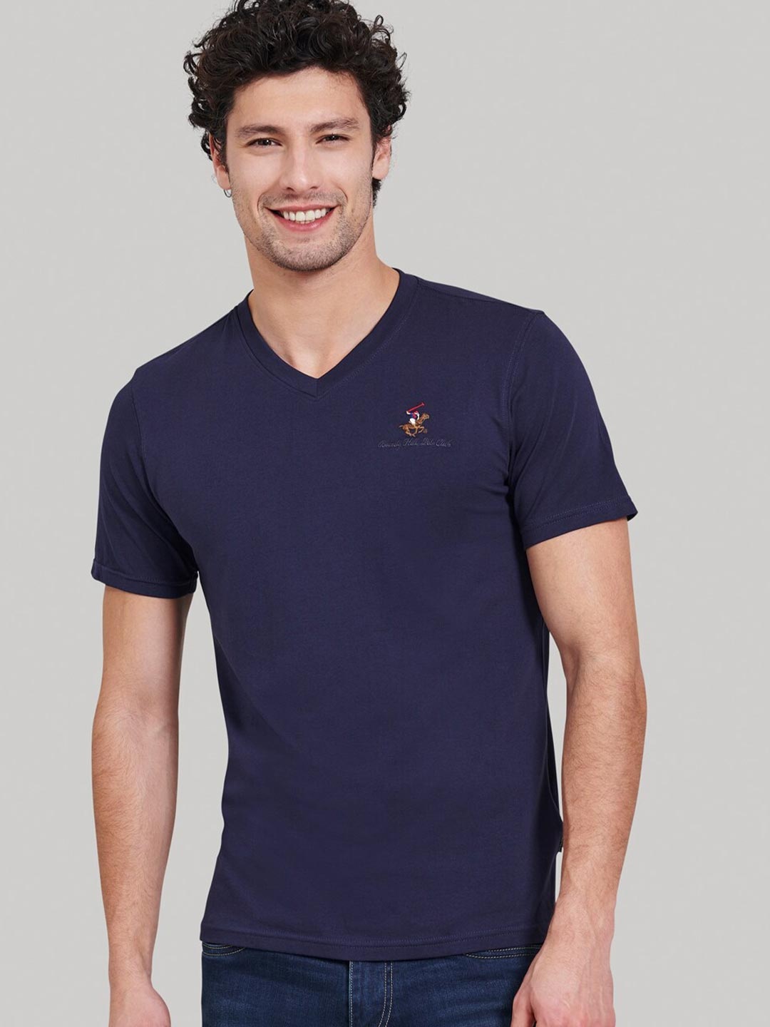 Beverly Hills Polo Club Men Navy Blue Solid V-Neck T-shirt