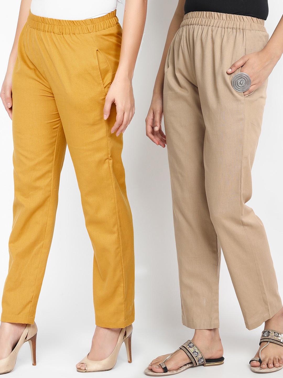 

Molcha Women Beige & Mustard Set of 2 Cotton Palazzos