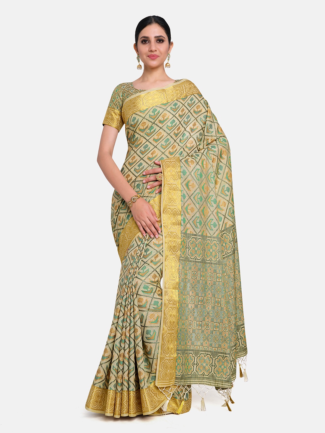 

MIMOSA Beige & Gold-Toned Ethnic Motifs Zari Art Silk Patola Saree