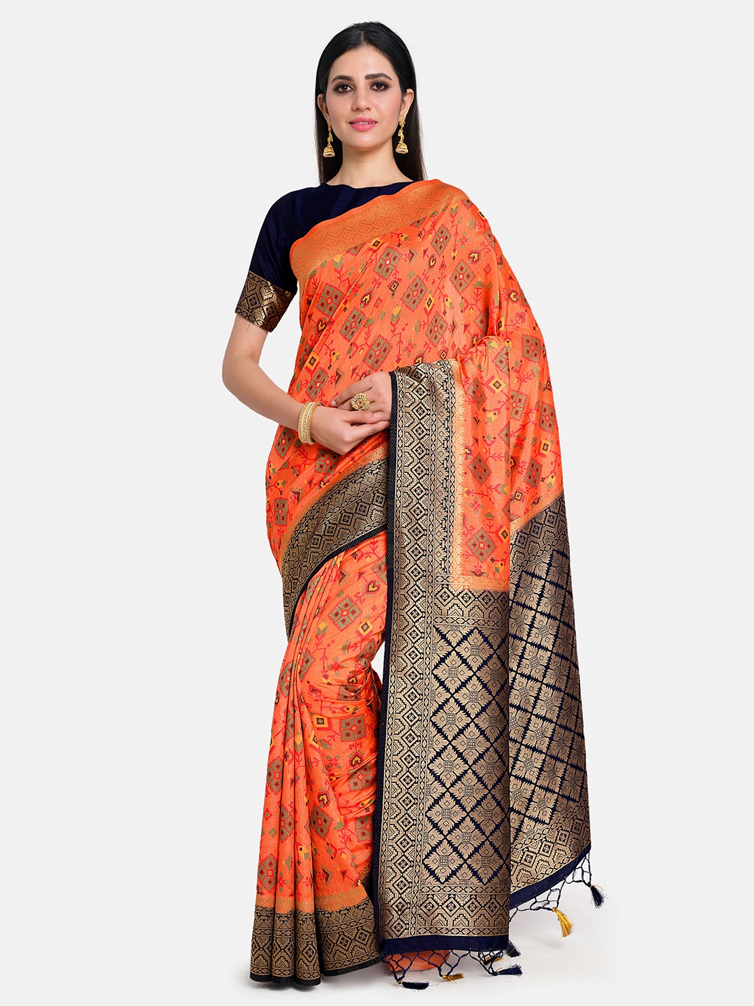 

MIMOSA Orange & Navy Blue Woven Design Art Silk Kanjeevaram Saree