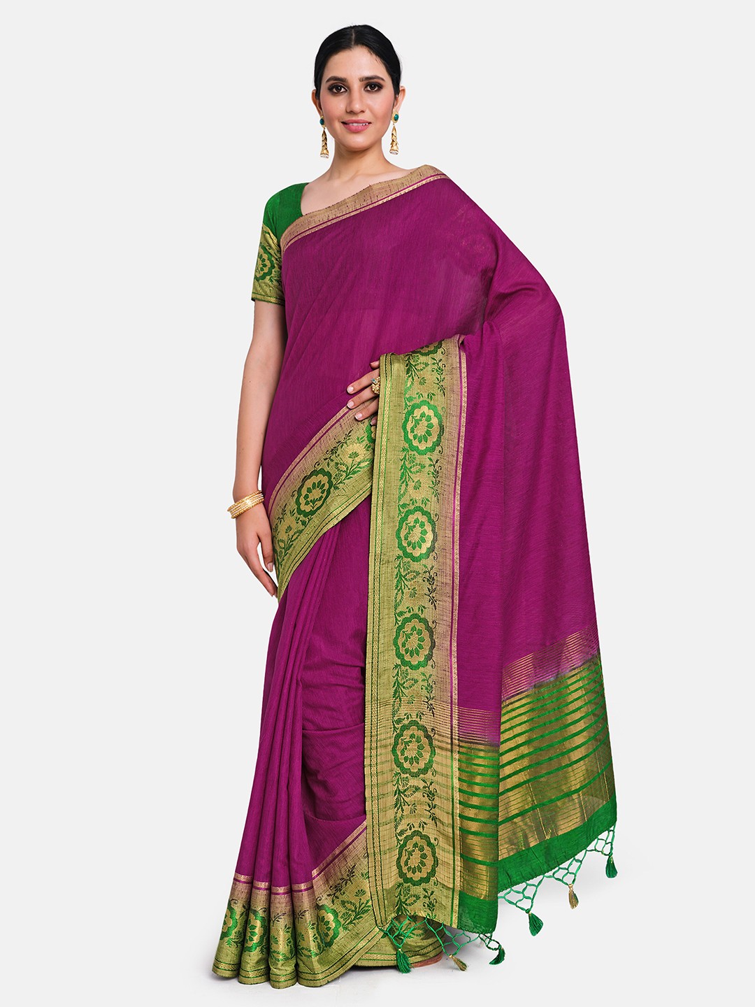 

MIMOSA Burgundy & Green Zari Linen Blend Banarasi Saree