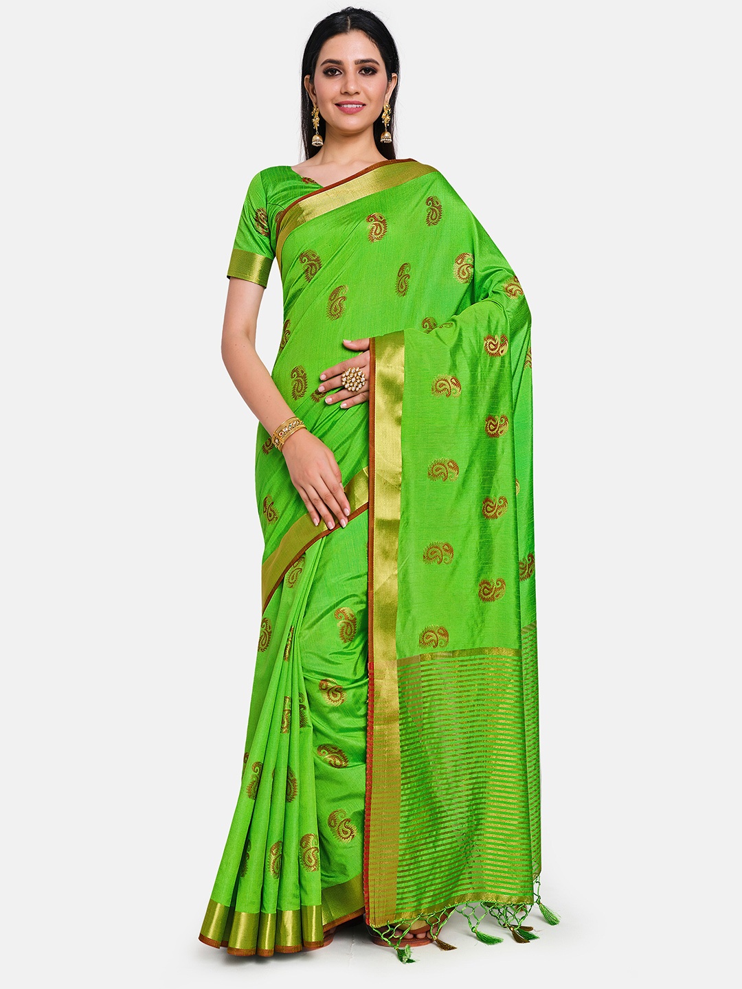 

MIMOSA Lime Green & Gold-Toned Woven Design Zari Art Silk Kanjeevaram Saree