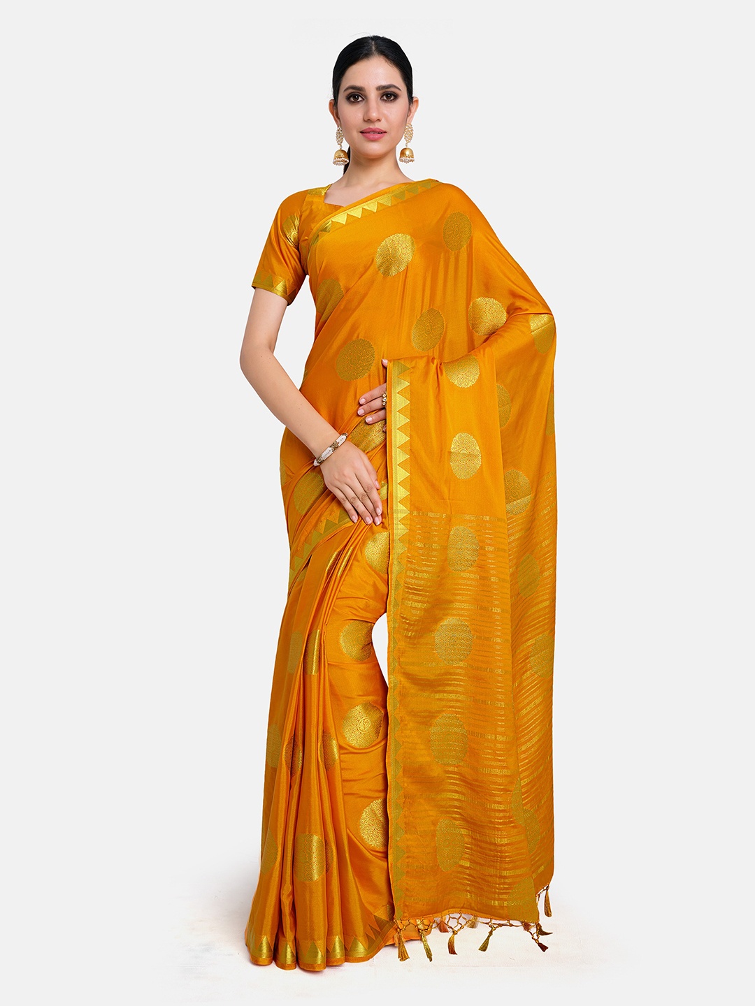 

MIMOSA Mustard Yellow & Gold-Toned Ethnic Motifs Zari Mysore Silk Saree