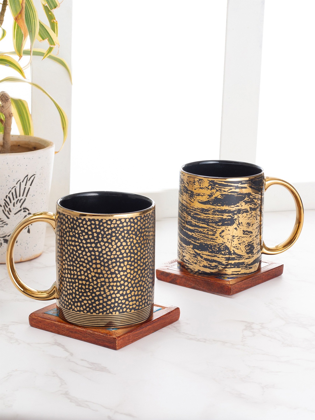 

CLAY CRAFT Set Of 2 Black & Gold-Toned Printed Ceramic Glossy Mugs
