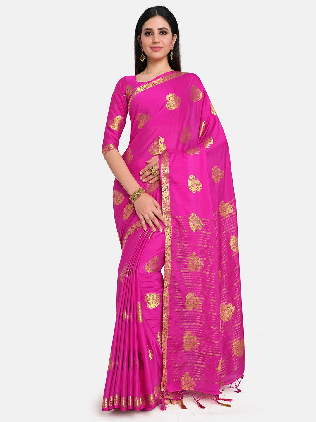 

MIMOSA Pink & Gold-Toned Woven Design Zari Mysore Silk Saree With Tasseled Pallu