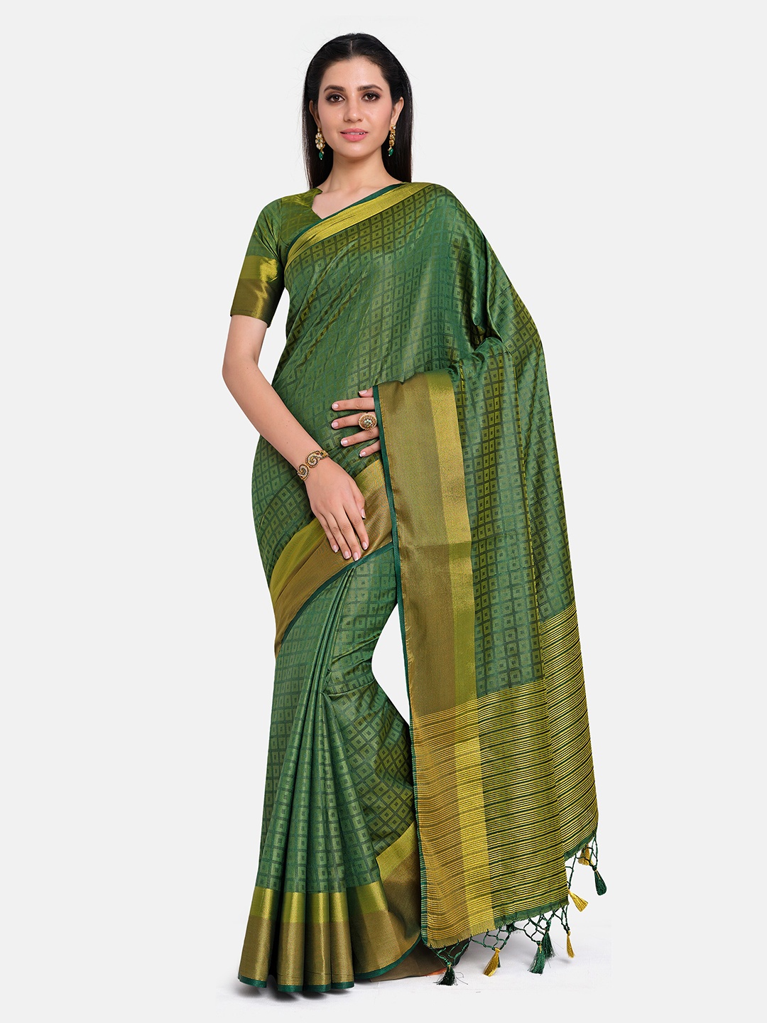 

MIMOSA Green & Gold-Toned Checked Zari Art Silk Kanjeevaram Saree