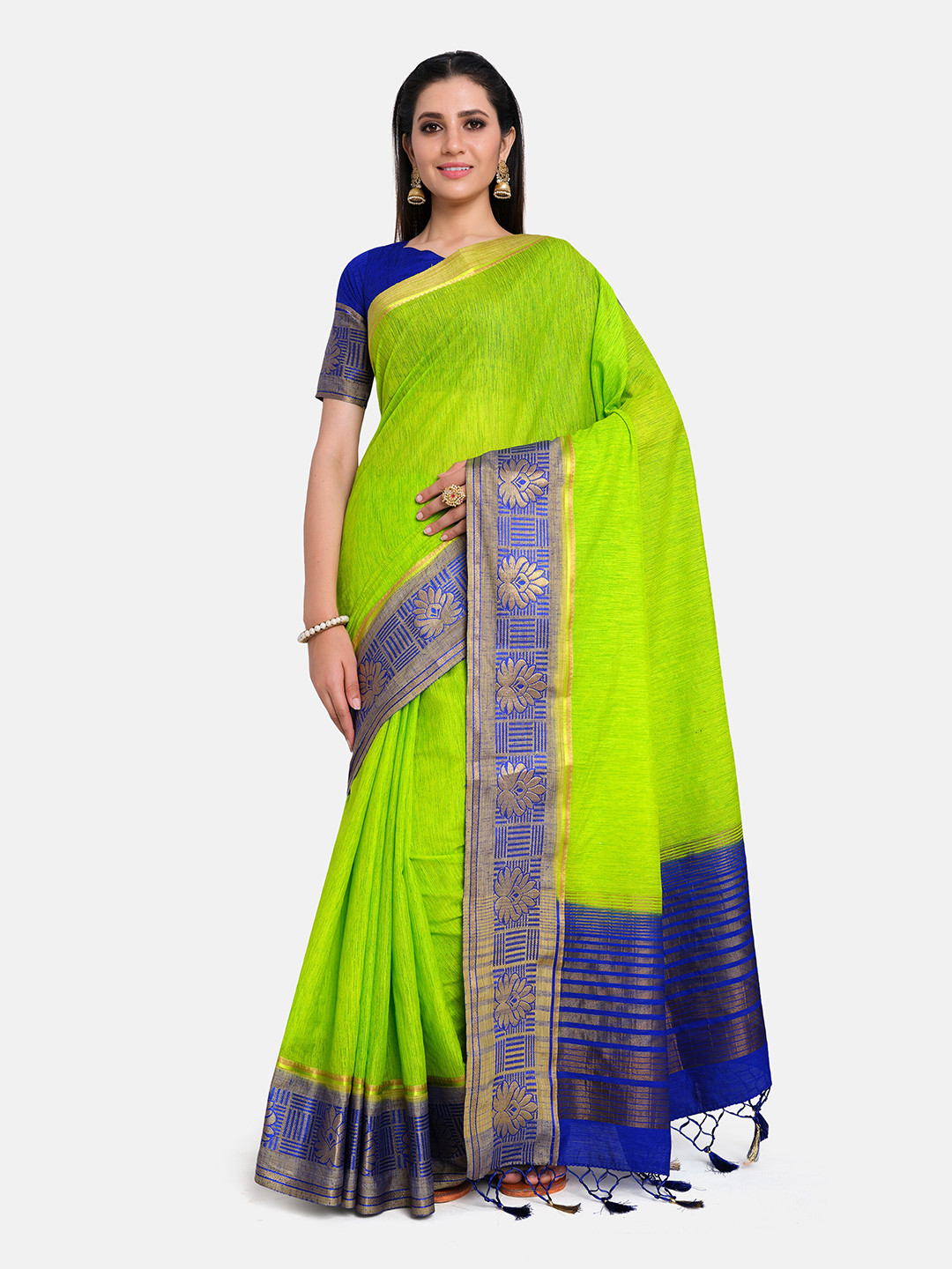 

MIMOSA Green & Navy Blue Zari Linen Blend Banarasi Saree