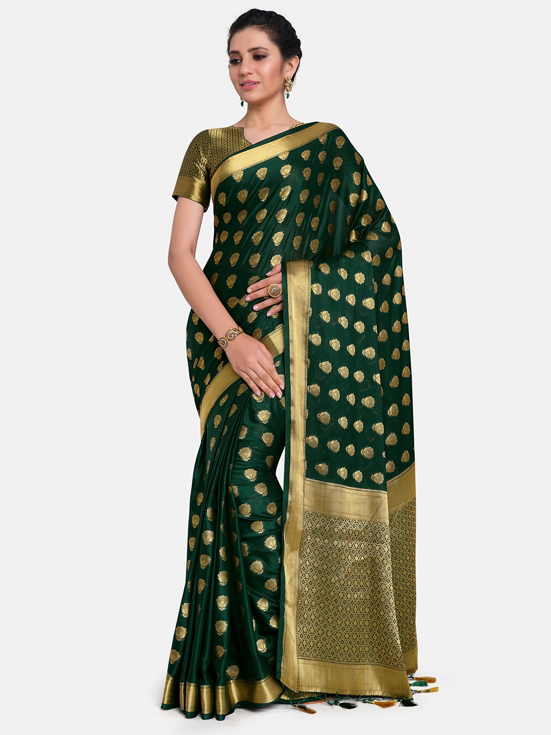 

MIMOSA Green & Gold-Toned Woven Design Zari Mysore Silk Saree