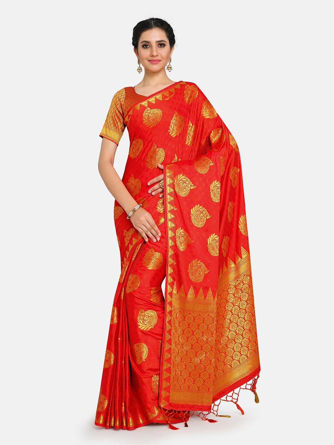 

MIMOSA Red & Gold-Toned Woven Design Mysore Silk Saree