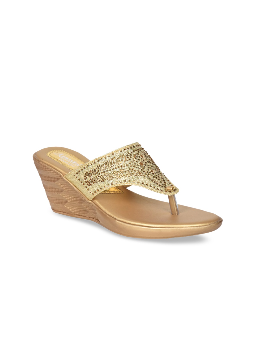 

Ajanta Gold Textured Wedge Sandals with Laser Cuts