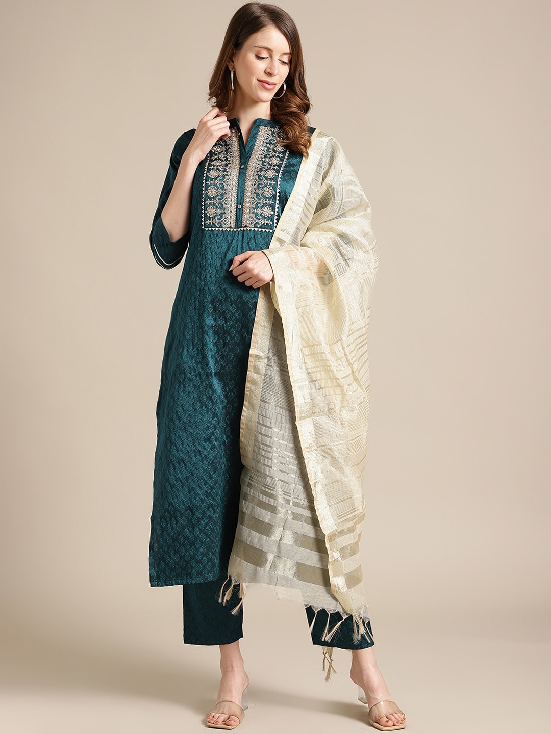 Varanga Women Teal Panelled Kurta with Trousers & With Dupatta