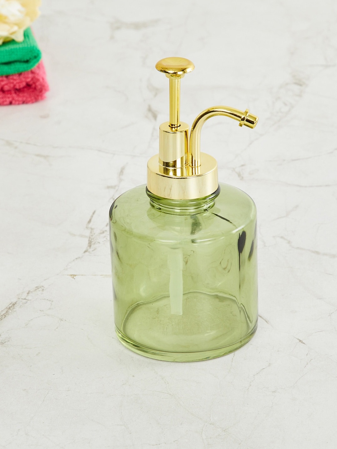 

Home Centre Green & Gold-Toned Organic Acacia Glass Soap Dispenser