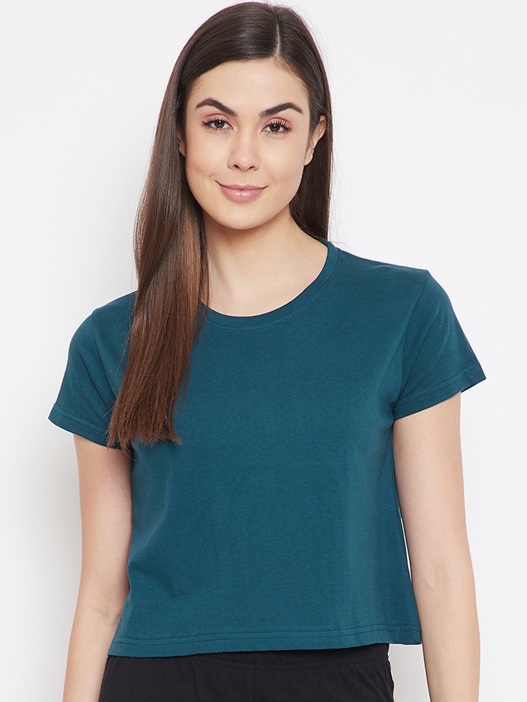 

Cotton Chic Women Teal Blue Basic Crop Tees