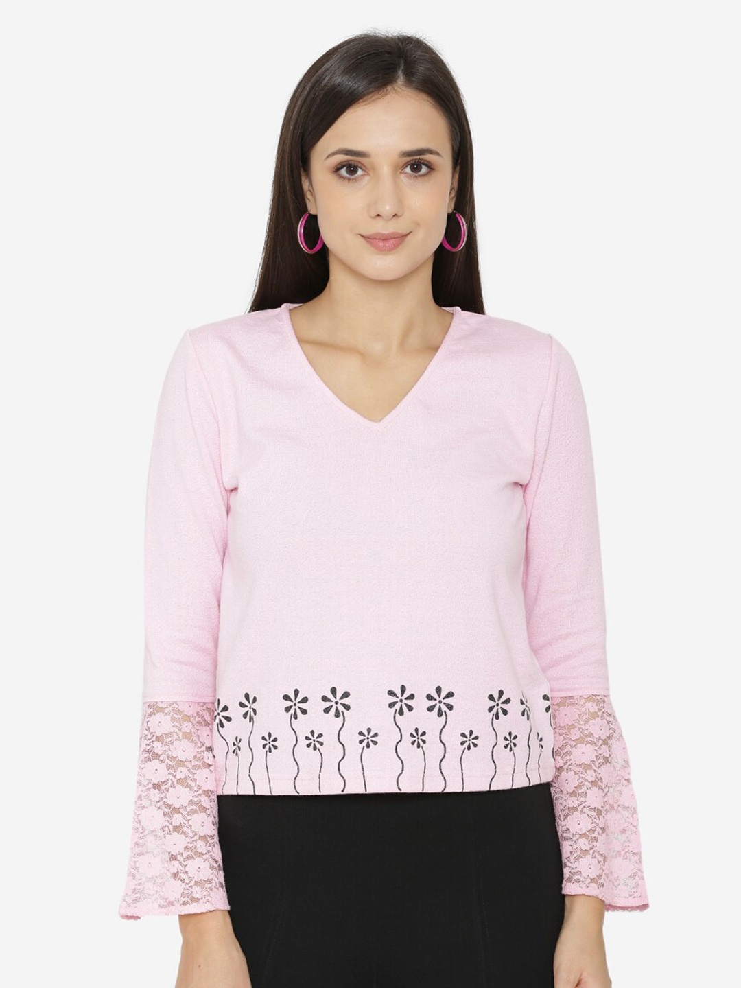 

Yaadleen Women Pink Floral Bell Sleeve Regular Top