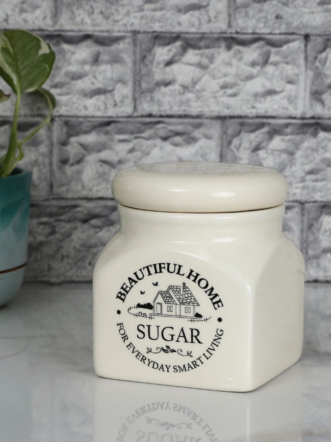 Home Centre Beige & Black Printed Ceramic Sugar Jar 870 ML