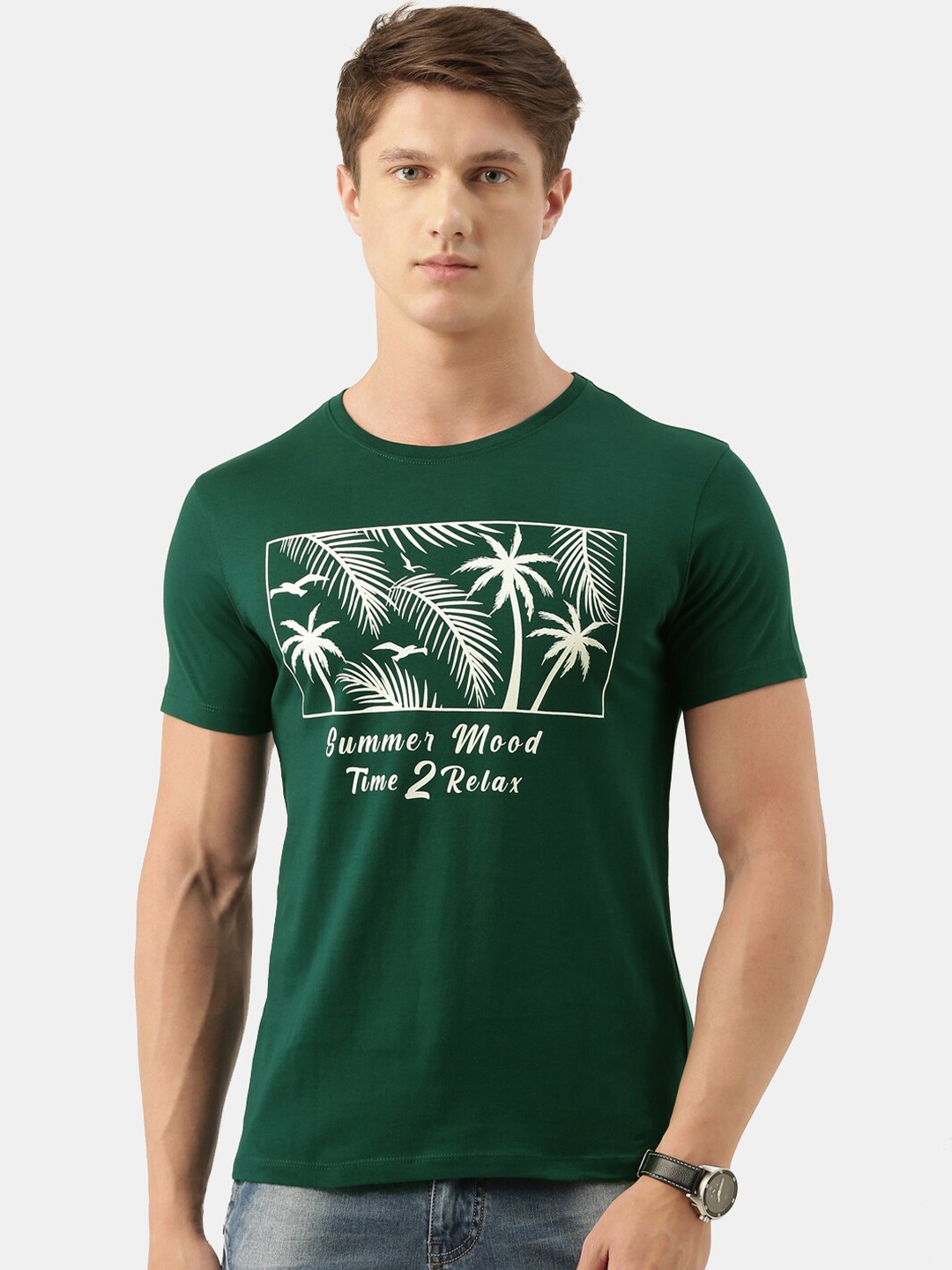 

MASH UNLIMITED Men Green Biker Printed Applique Slim Fit T-shirt