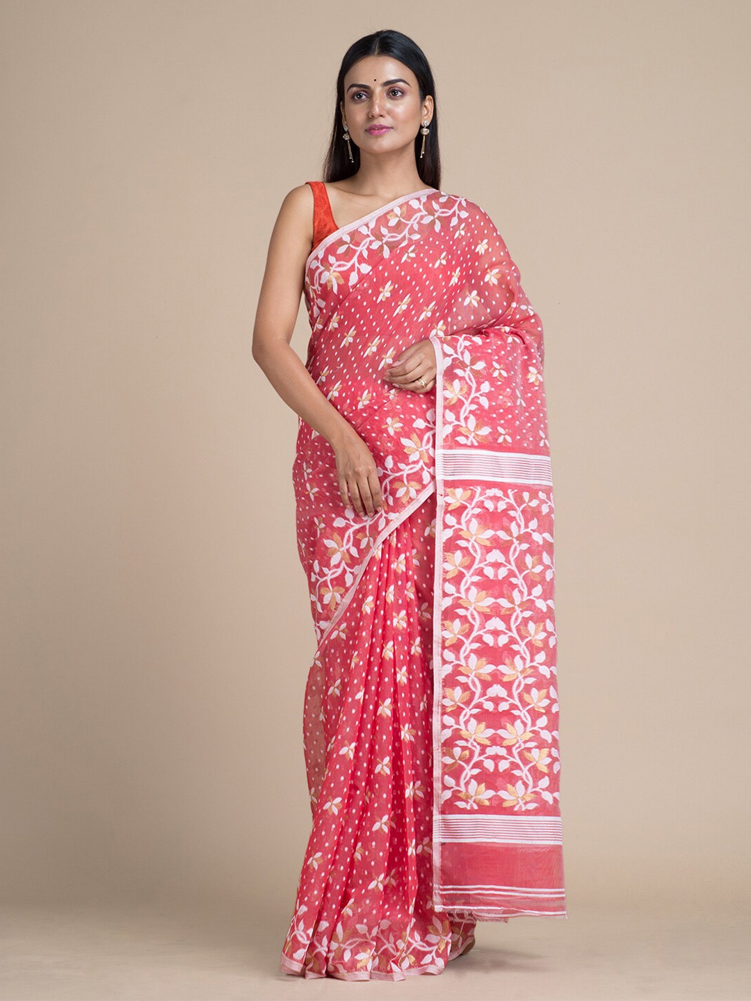 Mitera Pink & White Woven Design Silk Cotton Jamdani Saree