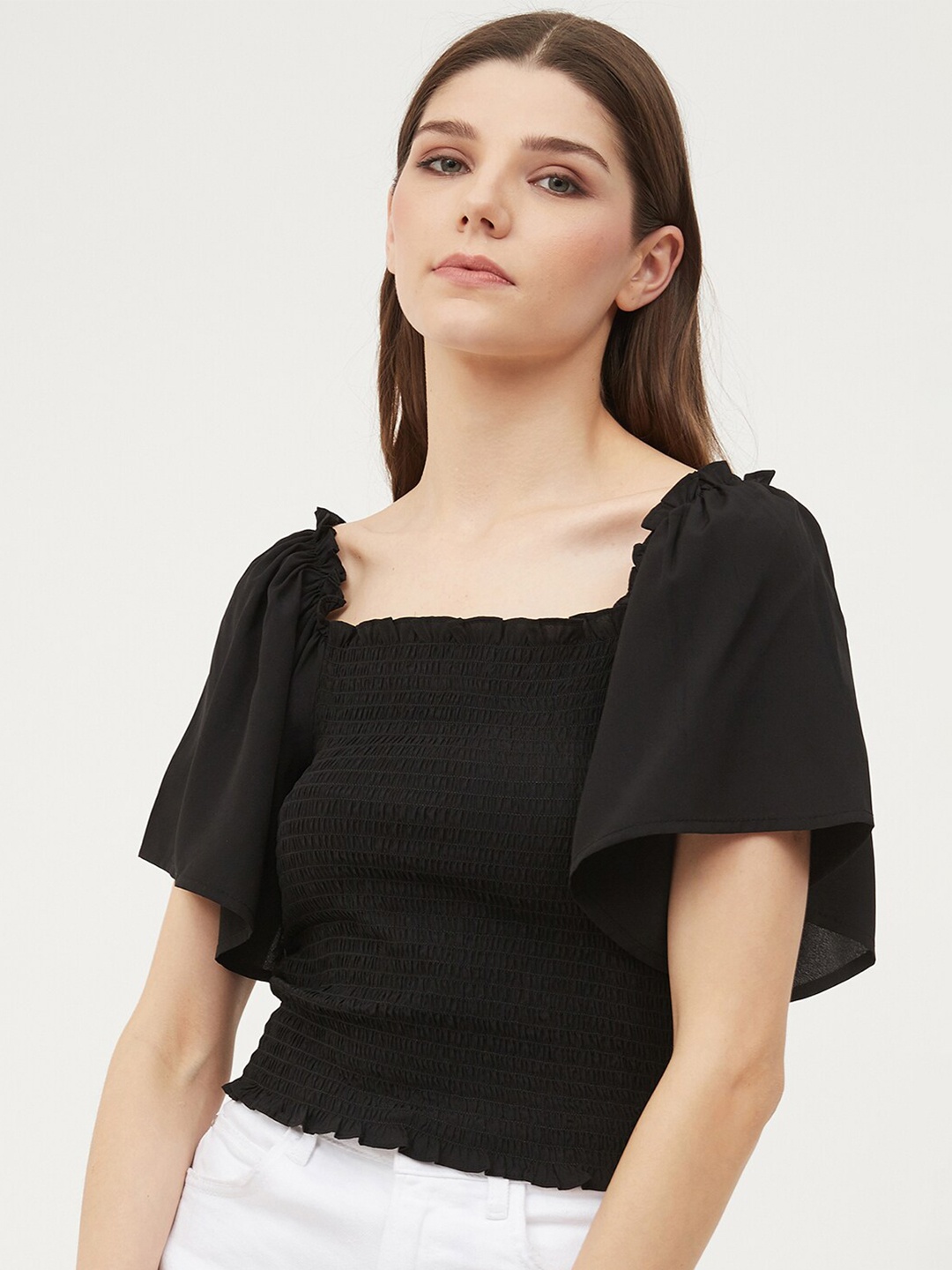 

Harpa Black Flutter Sleeve Crepe Boxy Top