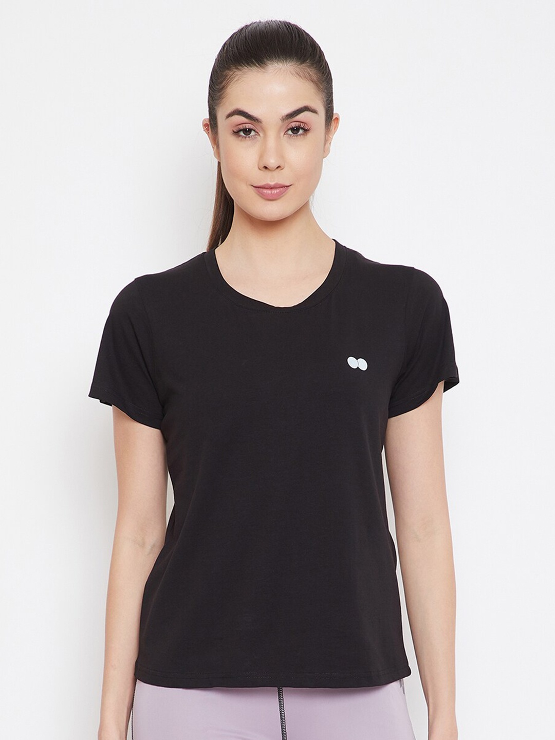 

Clovia Women Black V-Neck Applique Slim Fit T-shirt