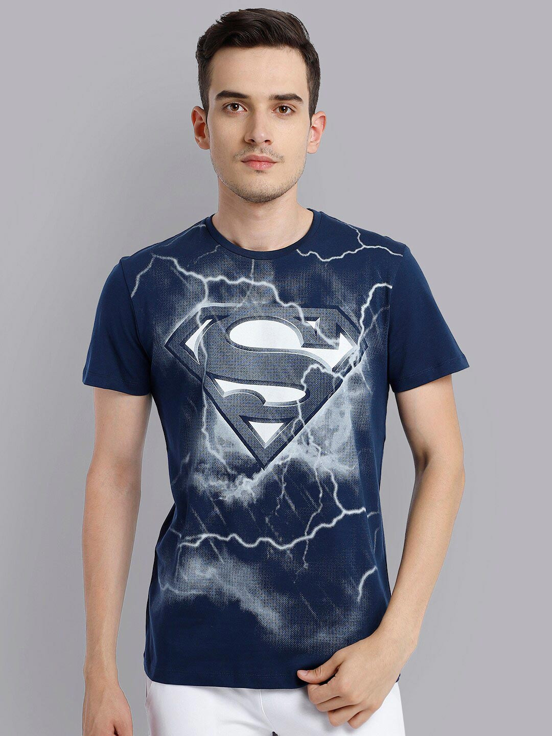 

Free Authority Men Blue Superman Printed Raw Edge T-shirt