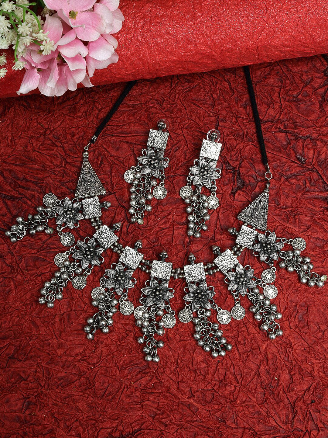 

Moedbuille Oxidized Silver-Plated Floral Design Ghungroo Studded Handcrafted Tribal Jewellery Set