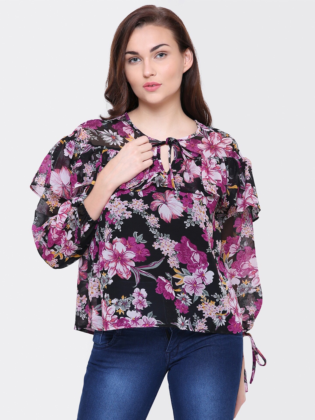 

Yaadleen Black & Purple Floral Puff Sleeve Georgette Regular Top