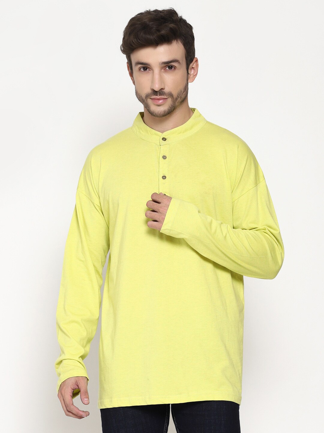 

PAUSE SPORT Men Lime Green Henley Neck Applique T-shirt