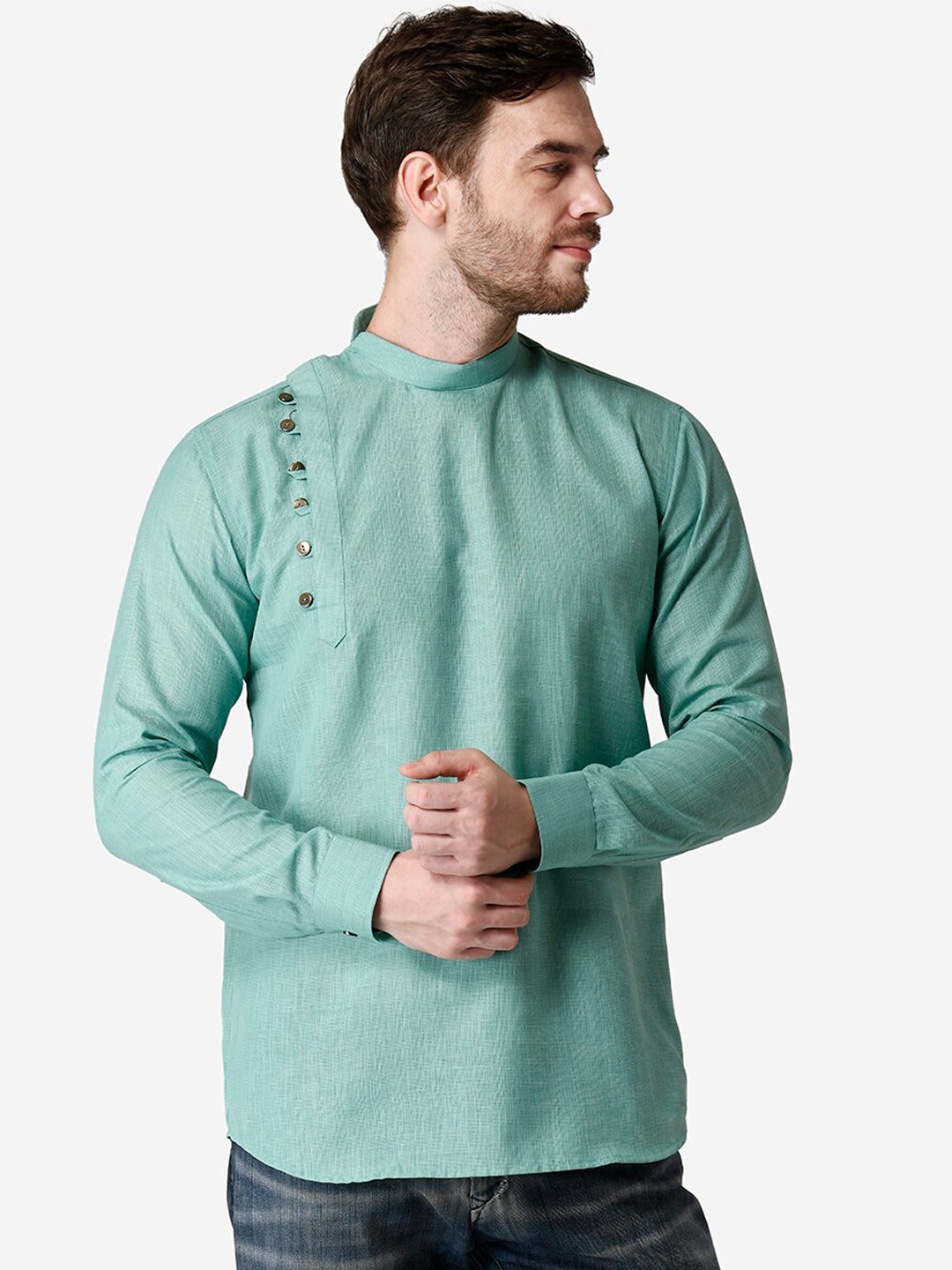 

TABARD Men Sea Green Cotton Plain Kurta