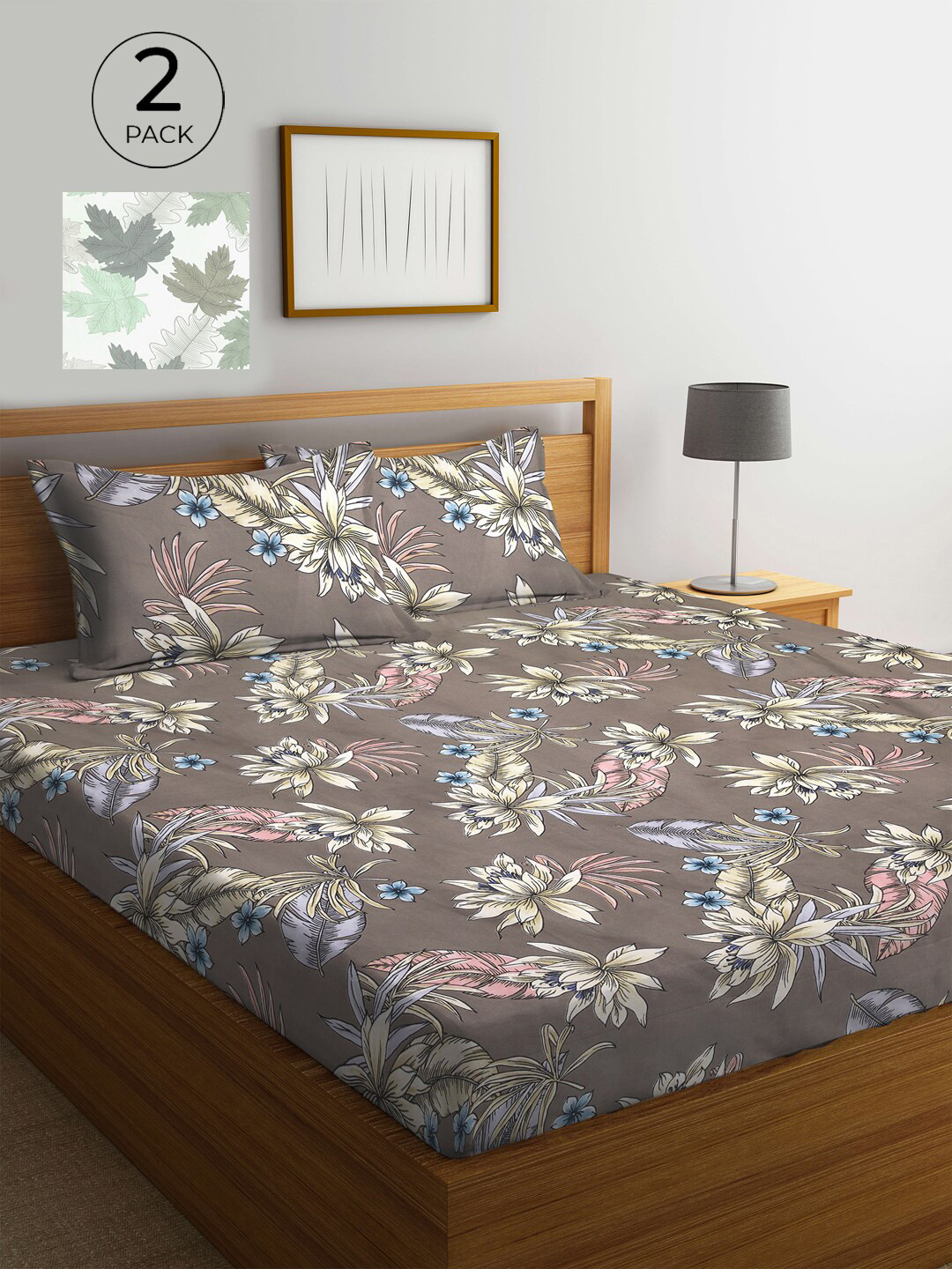 

KLOTTHE Off White & Brown Floral 210 TC 2 King Bedsheet with 4 Pillow Covers