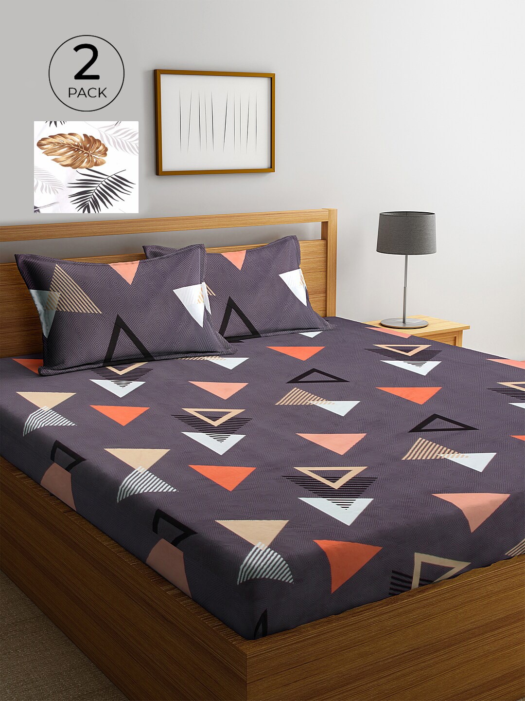 

KLOTTHE Set of 2 Multicolor Geometric 300 TC King Double Bedsheet` with 4 Pillow Covers, Taupe
