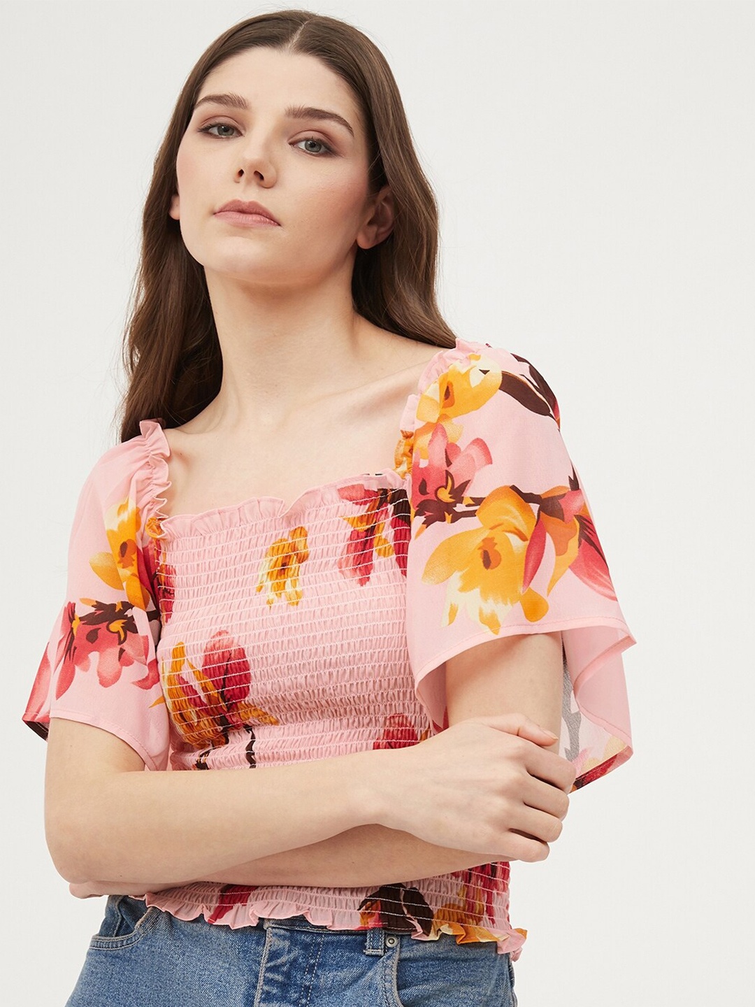 

Harpa Peach Floral Bell Sleeve Georgette Regular Top