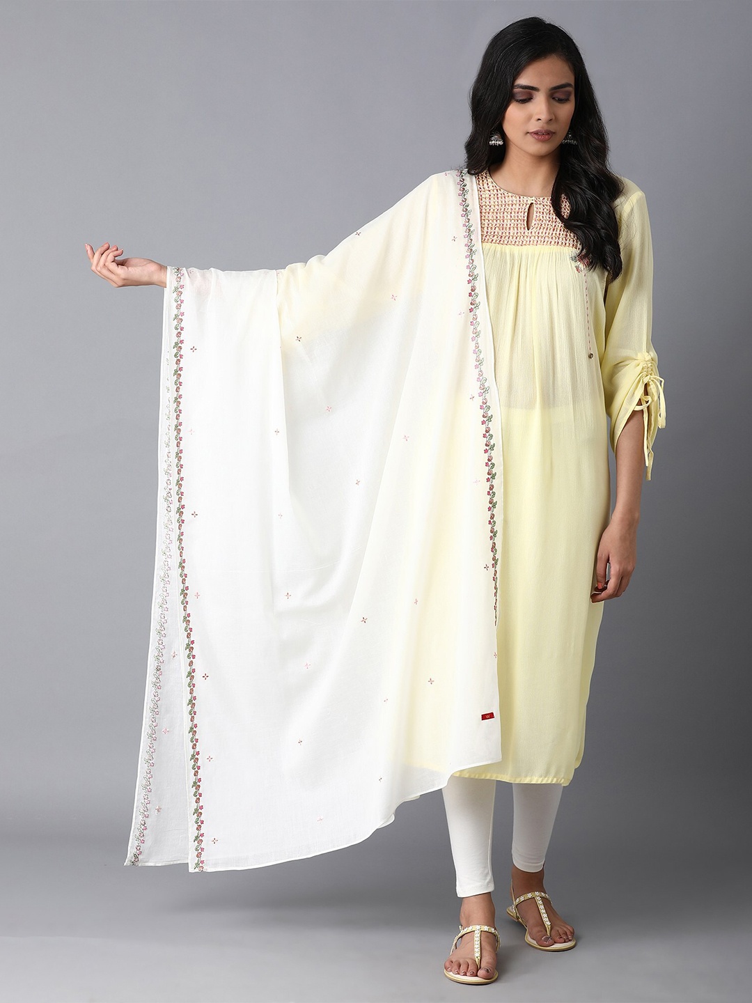 W White & Pink Pure Cotton Solid Dupatta