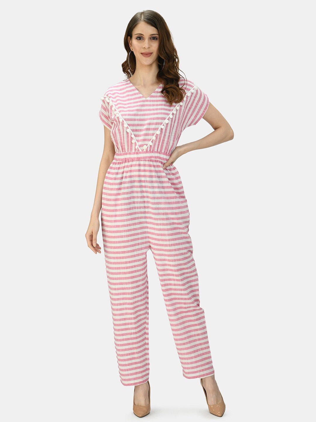 

Myshka Pink & White Striped Cotton Basic Jumpsuit