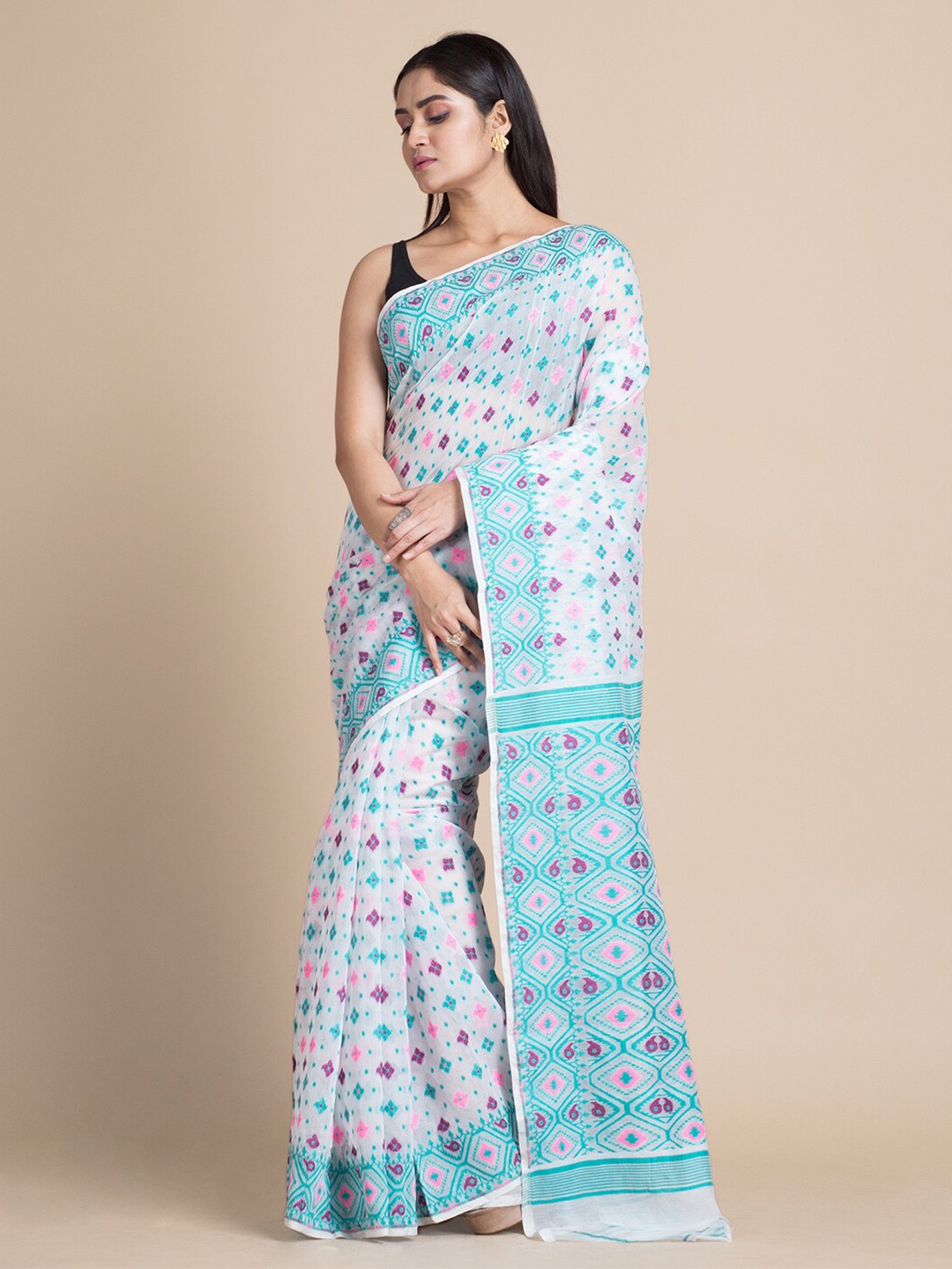 

Mitera White & Blue Ethnic Motifs Jamdani Saree