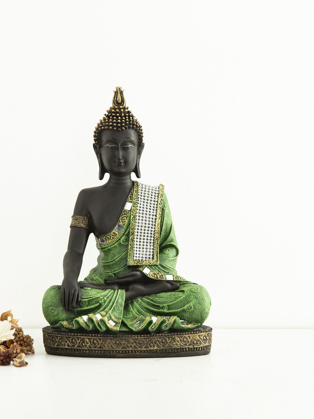 

Home Centre Green & Black Embellished Buddha Figurine Showpiece