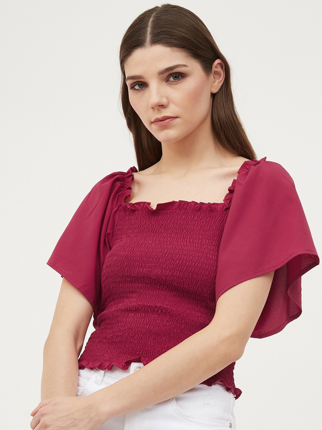 

Harpa Maroon Bell Sleeve Crepe Regular Top