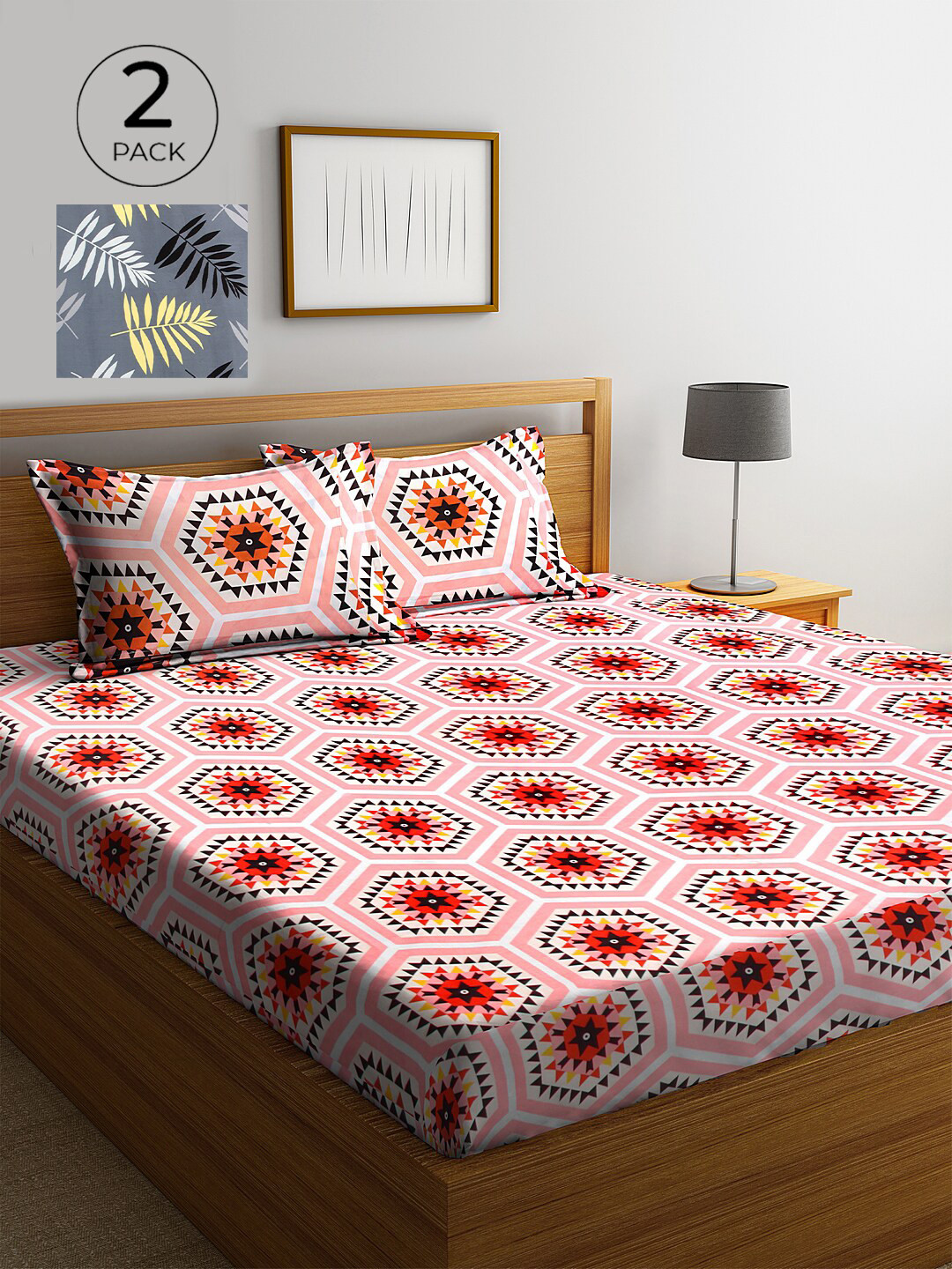 

KLOTTHE Grey & Yellow Geometric 210 TC 2 King Bedsheet with 4 Pillow Covers