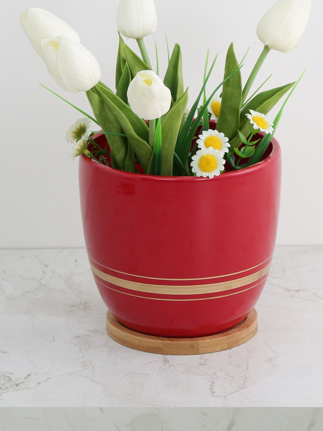 

Home Centre Red Valencia Ceramic Round Planter With Wooden Base