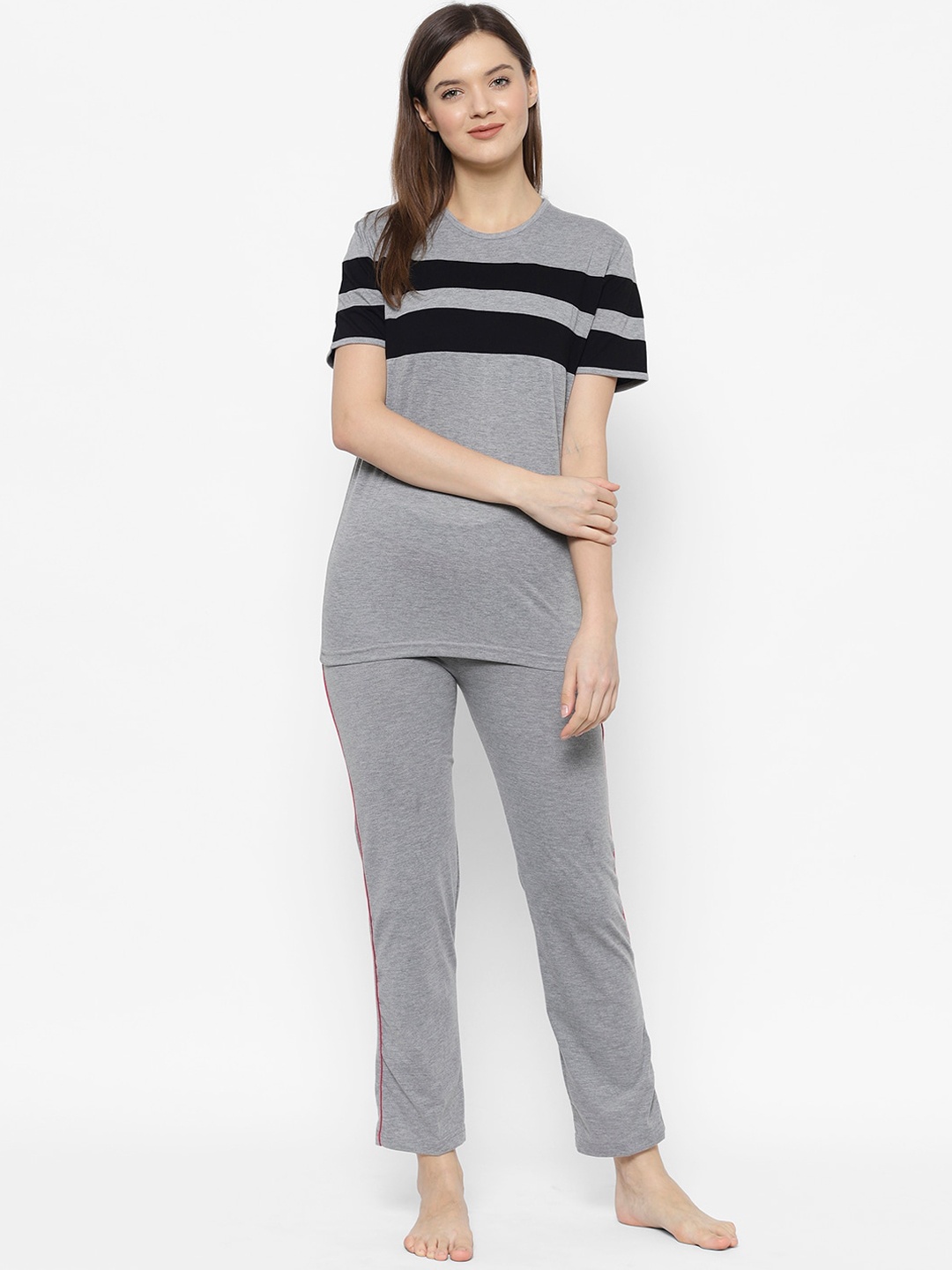 

VIMAL JONNEY Women Grey & Black Striped Night suit